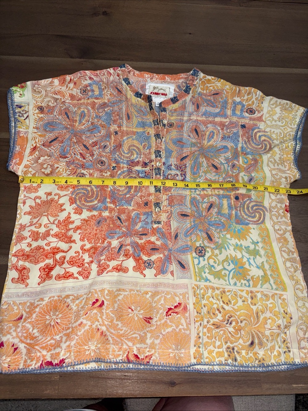 Johnny Was Orange and Blue Paisley Henley Blouse - Picture 7 of 8